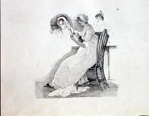 Leitura à luz de velas (caneta e tinta sobre papel) de John Harden