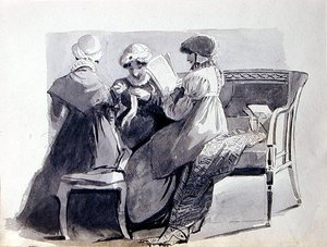 Three Women on a Sofa (caneta e lavagem de tinta em papel) de John Harden