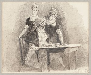 Três em uma mesa, uma sentada, 1807 (lápis e papel) de John Harden