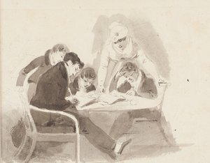 Dois meninos fazendo lição de casa, 1811 (wc no papel) de John Harden