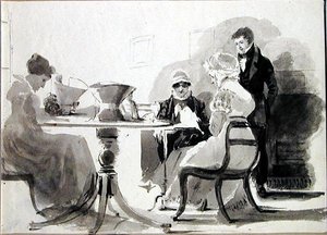 Mulheres Fazendo Bonnets (caneta e lavagem de tinta em papel) de John Harden