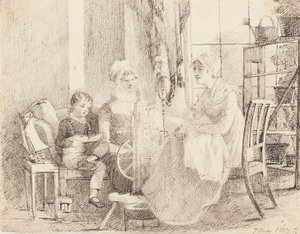 Mulheres na roda de fiar e um menino com um barco de brinquedo, 1807