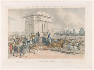 Vista de uma rua e do Arco de Wellington no Hyde Park Corner Hye Park Corner (título no objeto) Streetscapes em torno de Epsom (título da série) Cenas na estrada, ou uma viagem a Epsom e volta (título da série)