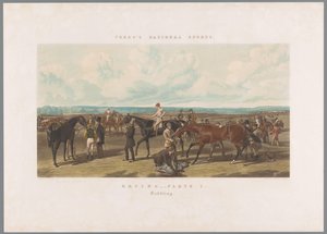 Os cavalos são selados para a corrida Corrida - Placa 1. Sela (título no objeto) Esportes nacionais de Fores (título da série) Esportes Nacionais de Fore (título da série)