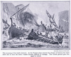 Batalha de Salamina: Quando os navios persas entraram no estreito de Salamina, o vento soprou e tornaram-se difíceis de gerir, c.1950