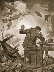 Bombardier French terminando sua mensagem depois de uma concha ter passado pela sala em que ele estava telefonando (litho) de John Harris Valda