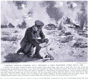 O cabo William Scothern RGA consertando um telefone de campo sob fogo pesado foi premiado com o DCM Ypres em maio de 1915 de John Harris Valda