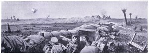 Ataque a gás nas trincheiras do 2º Lancashire Fusiliers em que o soldado Lyn perdeu a vida, mas ganhou o VC. Abril de 1915 de John Harris Valda