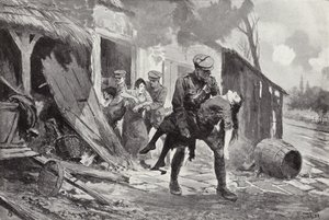 Artilheiro J Rafferty carregando uma mulher ferida para a segurança de uma fazenda que estava sendo bombardeada, a Primeira Guerra Mundial de John Harris Valda
