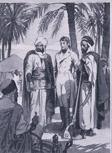 Em 1853 David Livingstone com um pequeno grupo de nativos partiu numa viagem de 1000 milhas por pântanos e florestas , Newnes Pictorial Knowledge publicado por Newnes, c.1950