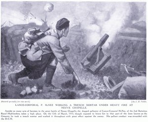 Lance Corporal P McNee trabalhando em um morteiro sob forte fogo na Neuve Chapelle de John Harris Valda