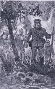 Livingstone disparou contra o leão, mas o leão atacou-o, mordeu-lhe o ombro e partiu-lhe o braço esquerdo, Newnes Pictorial Knowledge publicado por Newnes, c.1950