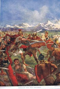 O duelo de Marcellus com Virdumarus, ilustração da &39;História das Nações&39; de Hutchinson, início dos anos 1900 de John Harris Valda