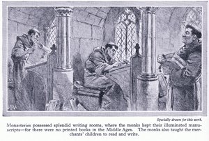 Mosteiros tinham salas de escrita esplêndidas, onde monges mantiveram manuscritos iluminados, c.1950 de John Harris Valda