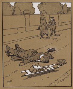 "Para o dia, não há nada como a boa e velha salvaguarda de fingir morto" (lito colorido) de John Hassall