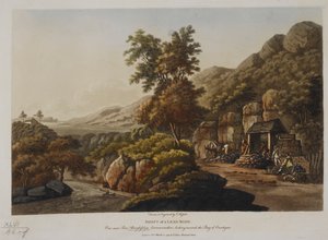 Eixo de uma mina de chumbo. Vista perto de Pont Aberglaslyn, Carnarvonshire, olhando para a Baía de Cardigan, publicada em 1798 (gravura a cores)