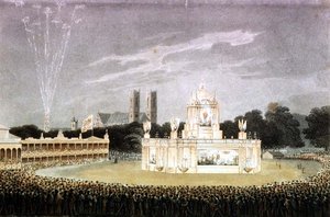 Exibição de fogos de artifício realizada em Green Park para celebrar a derrota de Napoleão, gravada por Matthew Dubourg pub. 1814 (gravura)