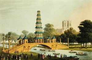 A Ponte Chinesa e Pagoda, erguida no Parque em comemoração da Paz Gloriosa de 1814, gravada por Matthew Dubourg (fl.1785-20)