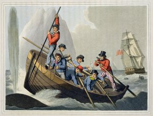 Barco de um navio que ataca uma baleia, gravado por Matthew Dubourg (fl.1785-1820), publicado por Edward Orme, 1813