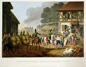 Tropas francesas que recuam completamente e que saqueiam uma vila, gravada por Matthew Dubourg (fl.1813-20) de "anedotas históricas, militares e navais", bar. por Edward Orme (1774-c.1820) 1816 (aquatinta) de John Heaviside Clark