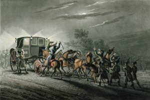 A captura do transporte, papel e tesouro de Bonaparte pelo major von Keller, Waterloo, 18 de junho de 1815, gravado por Matthew Dubourg (fl.1813-20)