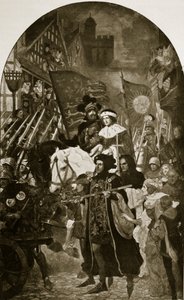 Henrique VI é levado para a Batalha de Barnet, 1471, ilustração da "Hutchinson&39;s Story ofthe British Nation", c.1923 de John Henry Amshewitz