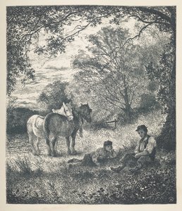Placa 11. Homem, rapaz e cavalos de aluguer. Nature Pictures. Uma série de trinta ilustrações originais desenhadas em madeira por J. H. Dell, e gravadas por R. Paterson. John Henry Dell