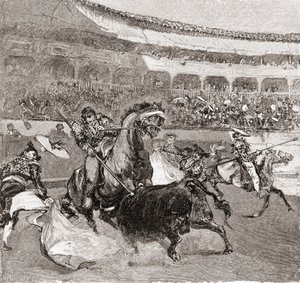 Uma tourada em Sevilha, Espanha, da revista Century Century Monthly Magazine, publicada em 1884 (gravura em madeira) de John Henry Ellsworth Whitney