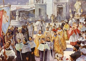 Uma procissão católica romana (cor litho)