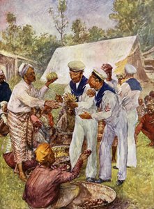 Alcatrão de macaco britânico num mercado birmanês (cor litho)