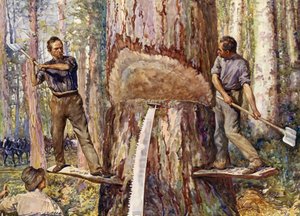 Lumbermen cortando madeira (cor litho)