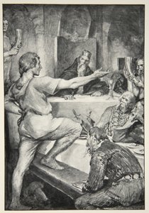 Beowulf responde com orgulho a Hunferth, de "Mitos Heróis e Lendas da Raça Britânica" de MI Ebbutt, 1910