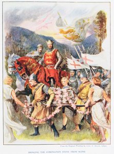 Trazendo a pedra de coroação de Scone, ilustração de "Histórias de crianças reais de histórias inglesas", por Doris Ashley, publicado por Raphael Tuck, 1920