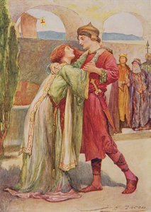 Posthumus and Imogen in Cymbeline de Childrens Stories from Shakespeare por Edith Nesbit (1858-1924) pub. por Raphael Tuck & Sons Ltd., Londres (ilustração do livro)