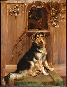 Um cachorro e um espelho (óleo sobre tela)