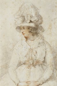 Retrato de uma senhora, de 1780 (giz preto e vermelho aumentado com branco no papel colocado amarelo) de John Hoppner