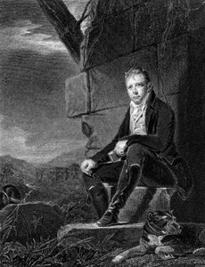Walter Scott, poeta e romancista escocês, sentado em uma pedra, acompanhado por um cachorro, 1808
