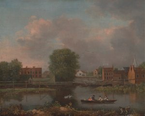Uma paisagem fluvial, possivelmente uma vista do extremo oeste da ponte de Rochester de John Inigo Richards RA