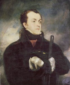 Retrato do capitão Lyon, meio comprimento, com um casaco de peles, segurando uma arma de John Jackson