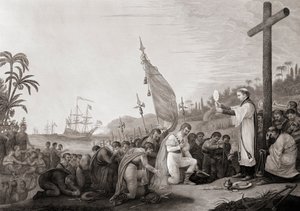 Colombo desembarca no Novo Mundo (gravura) de John James (after) Barralet
