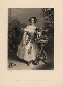 Augusta Georgina Frederica Fitzclarence, filha do Senhor Frederic Fitzclarence, filho ilegítimo do Rei Guilherme IV. Usa o cabelo em argolas e fitas, veste um vestido amarrado com uma faixa, segura o rei Charles spaniel em um cushio. de John James (after) Chalon