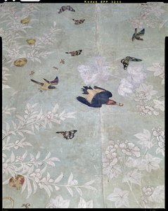 Um pica-pau de cabeça vermelha, cortado de "The Birds of America" e colado em papel de parede chinês pintado à mão (colagem) de John James Audubon