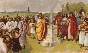 Constantino o Grande oferenda um sacrifício com a chegada dos primeiros cristãos, York, 306 (chromolitho)