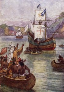 Navios do explorador francês Jacques Cartier no Rio São Lourenço, Canadá