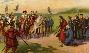 O Rei Henrique VIII e Catherine Howard chegam a York após a Peregrinação de Graça 1541 (chromolitho)