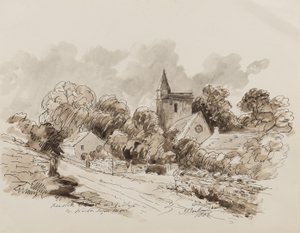 Igreja de Kewstoke e Aldeia, Weston Super Mare, Somerset, 1882 (caneta, pincel e tinta sobre papel) de John Joseph Barker