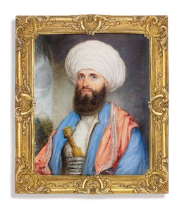 James Silk Buckingham (1786-1855), em camisa branca com um casaco azul claro, xale bordado rosa em volta dos ombros e um turbante branco com uma adaga presa em sua faixa de cintura, fundo de paisagem com uma mesquita de John Jukes