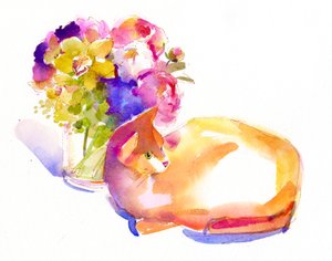Gato laranja com flores, 2014, (aquarela)