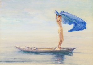 Garota em arco de canoa espalhando seu pano de linho para uma vela, Samoa, c. 1895-96 (wc e guache a bordo)