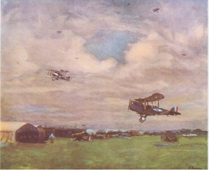 Um aeródromo em 1918, da British Adventure, publicado por Collins, 1947 de John Lavery